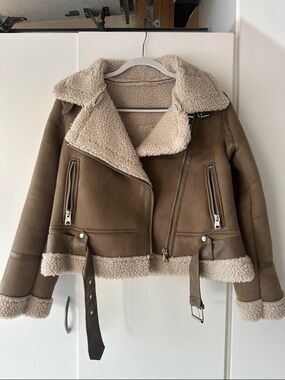 Taupe Faux Shearling Moto Jacket with Belt